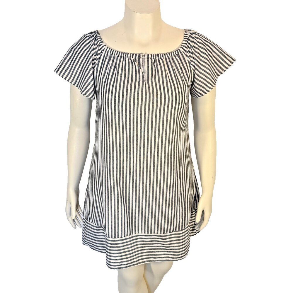 Love Chesley Sun Dress Size S Gathered Keyhole Neck Grey White Garbardine Stripe